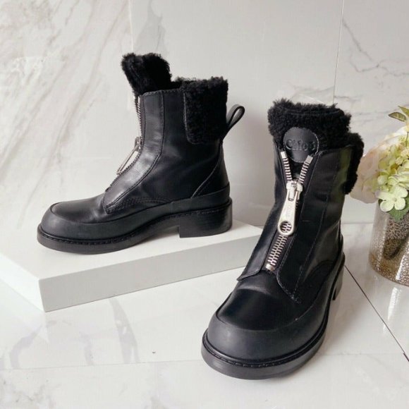 CHLOE Roy Zip Platform Combat Shearling Boots 37.5 - Picture 2 of 11